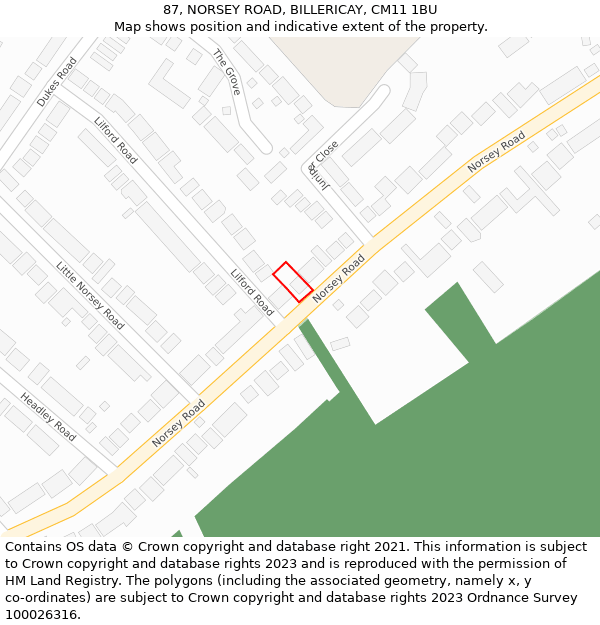 87, NORSEY ROAD, BILLERICAY, CM11 1BU: Location map and indicative extent of plot