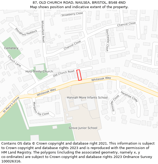 87, OLD CHURCH ROAD, NAILSEA, BRISTOL, BS48 4ND: Location map and indicative extent of plot