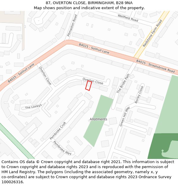 87, OVERTON CLOSE, BIRMINGHAM, B28 9NA: Location map and indicative extent of plot