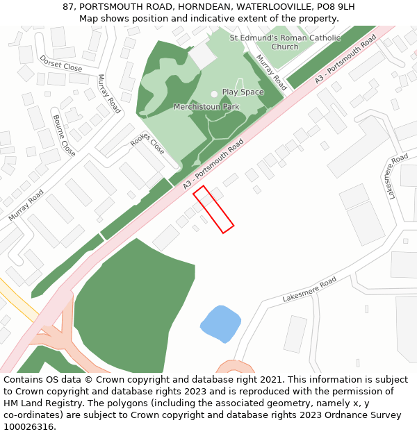 87, PORTSMOUTH ROAD, HORNDEAN, WATERLOOVILLE, PO8 9LH: Location map and indicative extent of plot