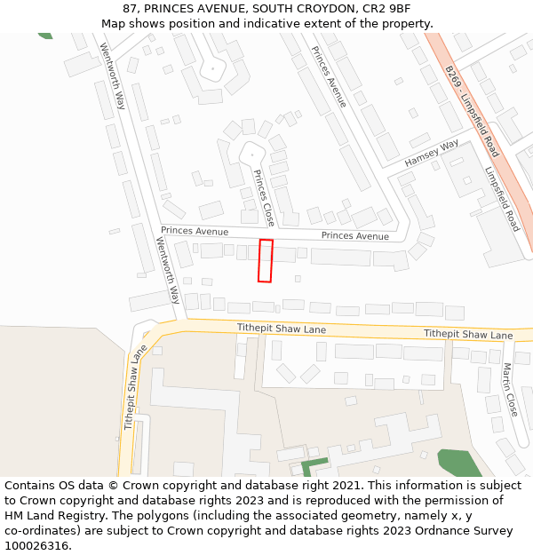 87, PRINCES AVENUE, SOUTH CROYDON, CR2 9BF: Location map and indicative extent of plot