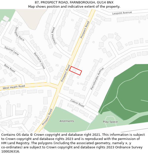 87, PROSPECT ROAD, FARNBOROUGH, GU14 8NX: Location map and indicative extent of plot