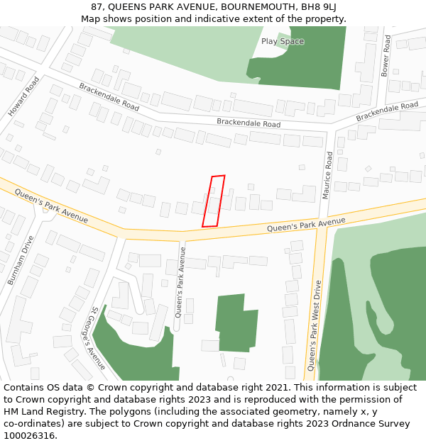 87, QUEENS PARK AVENUE, BOURNEMOUTH, BH8 9LJ: Location map and indicative extent of plot