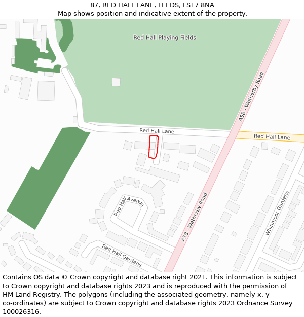 87, RED HALL LANE, LEEDS, LS17 8NA: Location map and indicative extent of plot