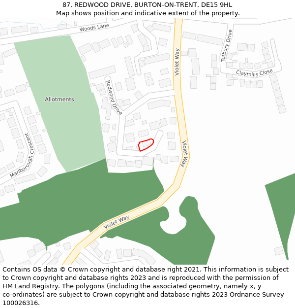 87, REDWOOD DRIVE, BURTON-ON-TRENT, DE15 9HL: Location map and indicative extent of plot
