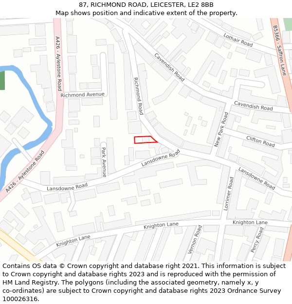 87, RICHMOND ROAD, LEICESTER, LE2 8BB: Location map and indicative extent of plot