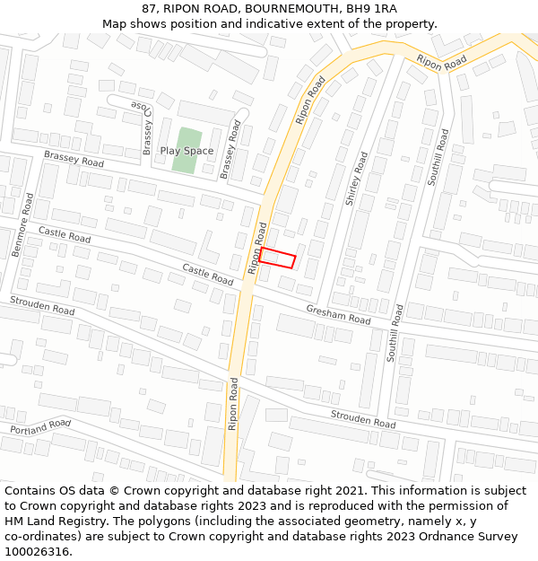 87, RIPON ROAD, BOURNEMOUTH, BH9 1RA: Location map and indicative extent of plot