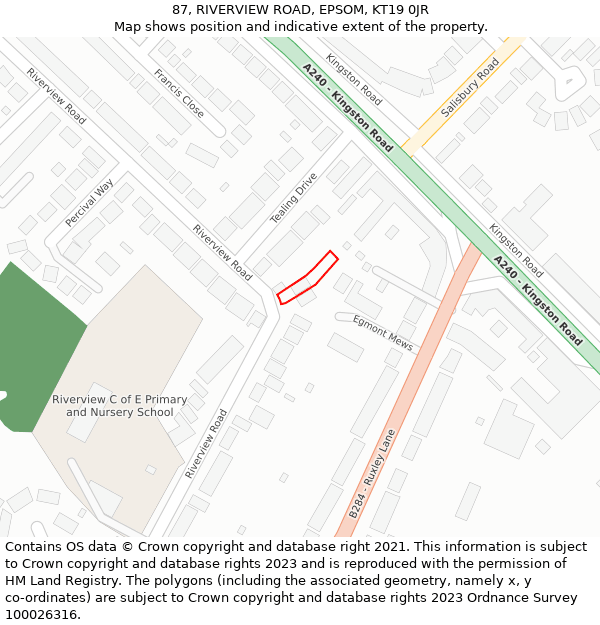 87, RIVERVIEW ROAD, EPSOM, KT19 0JR: Location map and indicative extent of plot