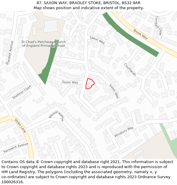 87, SAXON WAY, BRADLEY STOKE, BRISTOL, BS32 9AR: Location map and indicative extent of plot