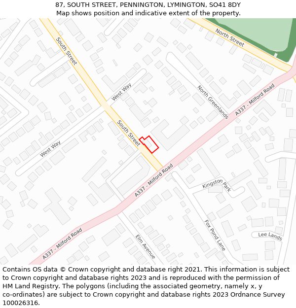 87, SOUTH STREET, PENNINGTON, LYMINGTON, SO41 8DY: Location map and indicative extent of plot