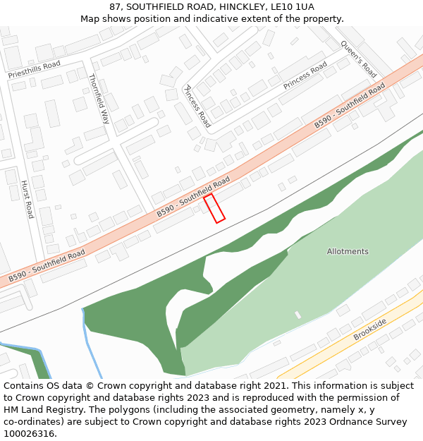 87, SOUTHFIELD ROAD, HINCKLEY, LE10 1UA: Location map and indicative extent of plot