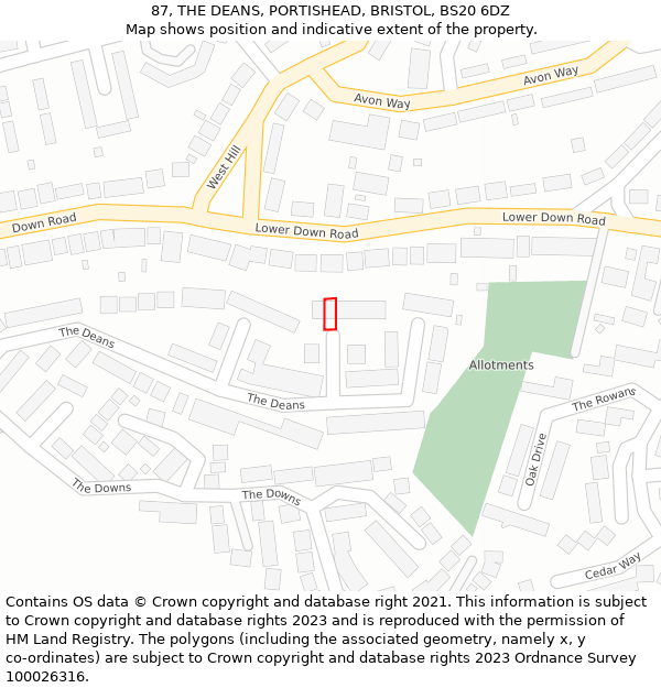 87, THE DEANS, PORTISHEAD, BRISTOL, BS20 6DZ: Location map and indicative extent of plot