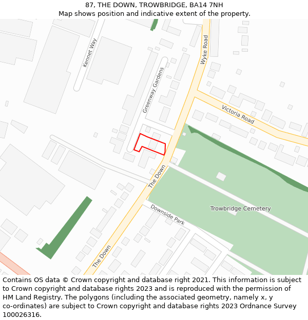 87, THE DOWN, TROWBRIDGE, BA14 7NH: Location map and indicative extent of plot