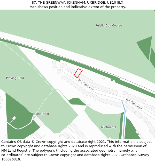 87, THE GREENWAY, ICKENHAM, UXBRIDGE, UB10 8LX: Location map and indicative extent of plot