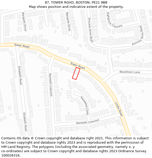 87, TOWER ROAD, BOSTON, PE21 9BB: Location map and indicative extent of plot