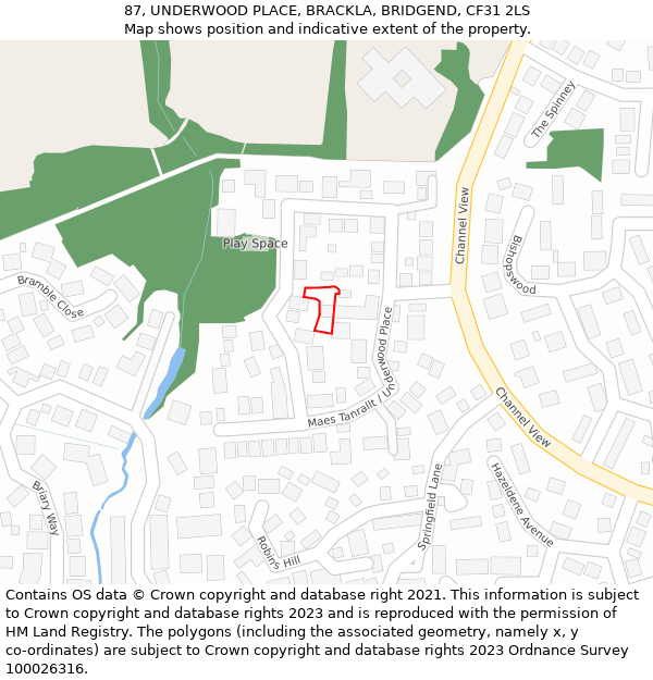 87, UNDERWOOD PLACE, BRACKLA, BRIDGEND, CF31 2LS: Location map and indicative extent of plot