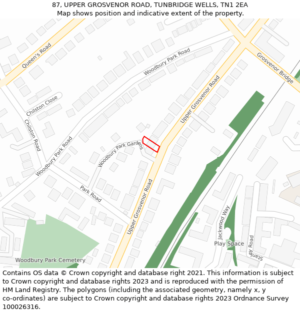 87, UPPER GROSVENOR ROAD, TUNBRIDGE WELLS, TN1 2EA: Location map and indicative extent of plot