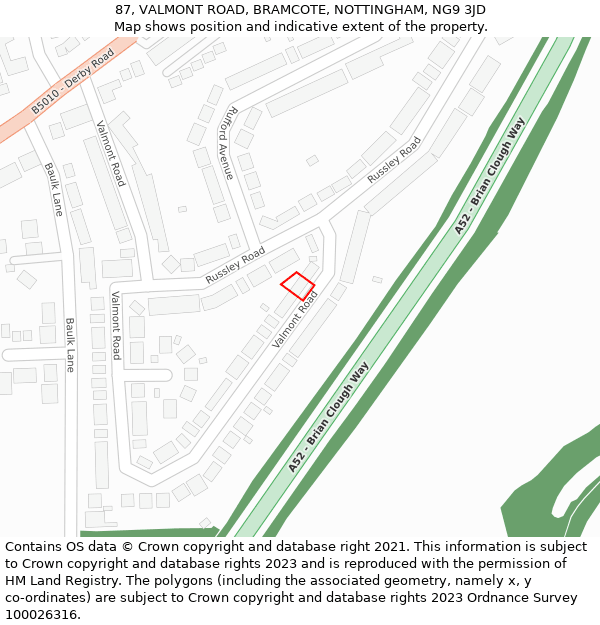 87, VALMONT ROAD, BRAMCOTE, NOTTINGHAM, NG9 3JD: Location map and indicative extent of plot