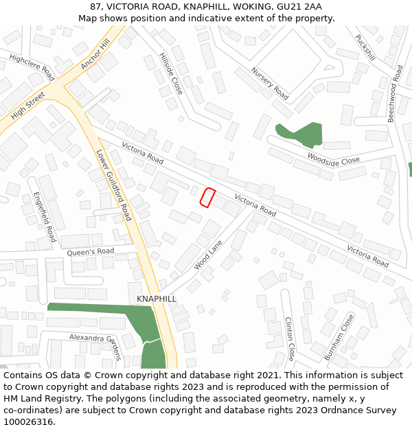 87, VICTORIA ROAD, KNAPHILL, WOKING, GU21 2AA: Location map and indicative extent of plot