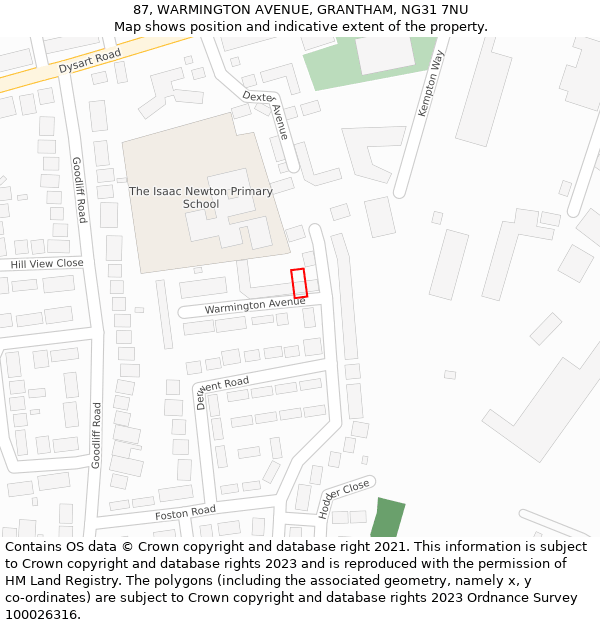 87, WARMINGTON AVENUE, GRANTHAM, NG31 7NU: Location map and indicative extent of plot