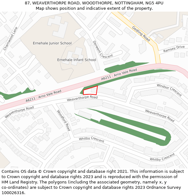 87, WEAVERTHORPE ROAD, WOODTHORPE, NOTTINGHAM, NG5 4PU: Location map and indicative extent of plot