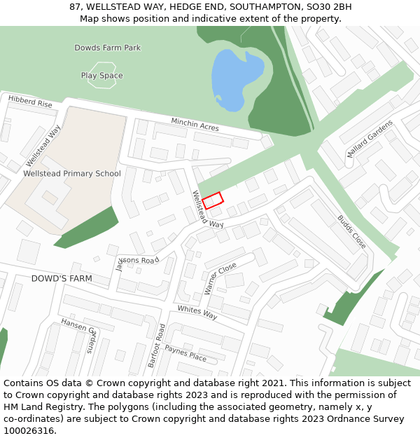 87, WELLSTEAD WAY, HEDGE END, SOUTHAMPTON, SO30 2BH: Location map and indicative extent of plot