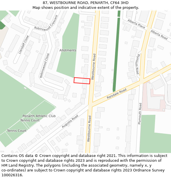 87, WESTBOURNE ROAD, PENARTH, CF64 3HD: Location map and indicative extent of plot