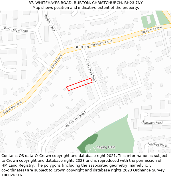 87, WHITEHAYES ROAD, BURTON, CHRISTCHURCH, BH23 7NY: Location map and indicative extent of plot