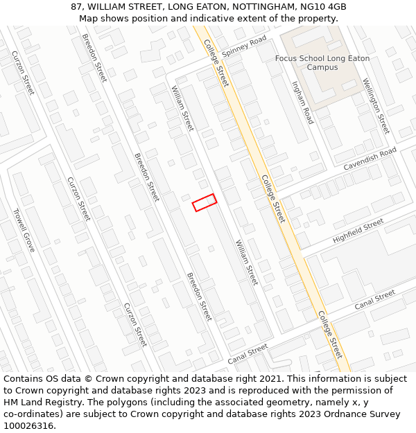 87, WILLIAM STREET, LONG EATON, NOTTINGHAM, NG10 4GB: Location map and indicative extent of plot