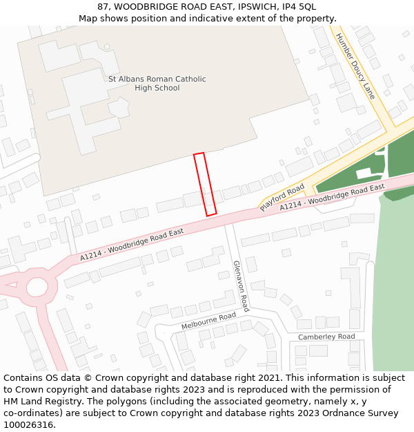 87, WOODBRIDGE ROAD EAST, IPSWICH, IP4 5QL: Location map and indicative extent of plot