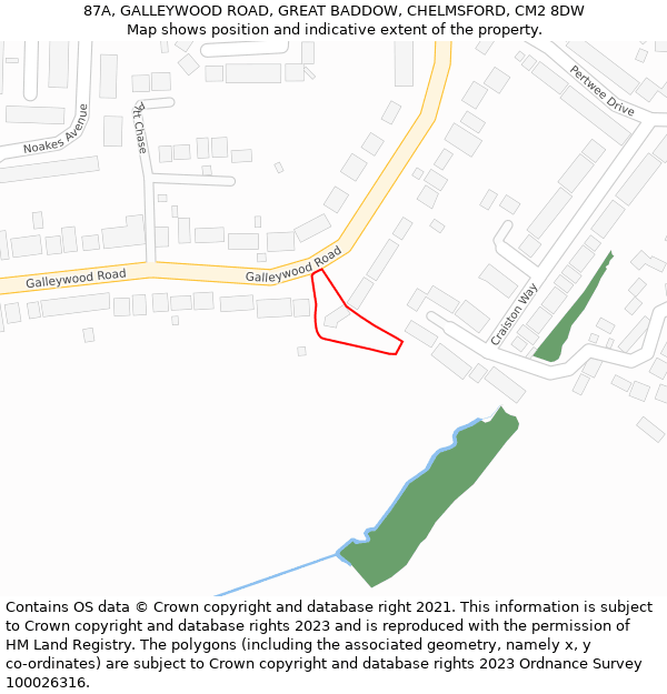 87A, GALLEYWOOD ROAD, GREAT BADDOW, CHELMSFORD, CM2 8DW: Location map and indicative extent of plot