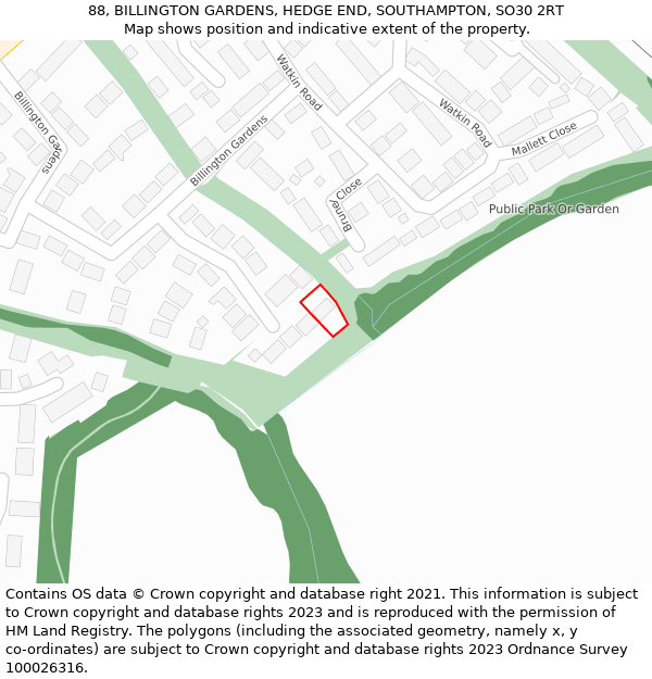 88, BILLINGTON GARDENS, HEDGE END, SOUTHAMPTON, SO30 2RT: Location map and indicative extent of plot