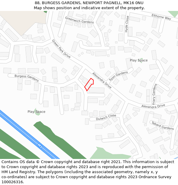 88, BURGESS GARDENS, NEWPORT PAGNELL, MK16 0NU: Location map and indicative extent of plot