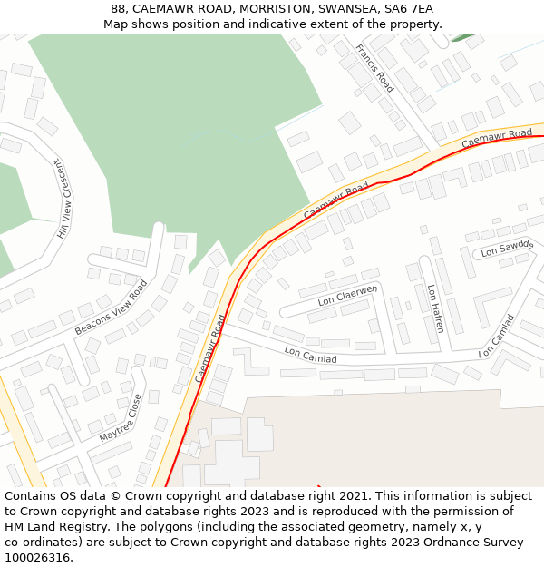 88, CAEMAWR ROAD, MORRISTON, SWANSEA, SA6 7EA: Location map and indicative extent of plot