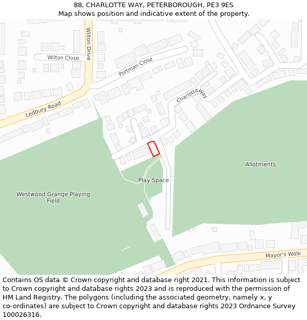 88, CHARLOTTE WAY, PETERBOROUGH, PE3 9ES: Location map and indicative extent of plot