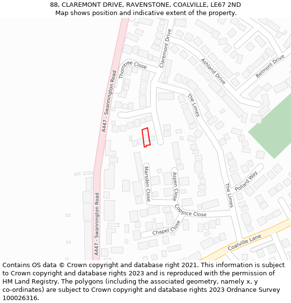 88, CLAREMONT DRIVE, RAVENSTONE, COALVILLE, LE67 2ND: Location map and indicative extent of plot