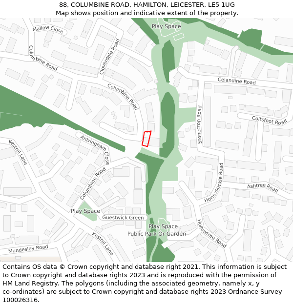 88, COLUMBINE ROAD, HAMILTON, LEICESTER, LE5 1UG: Location map and indicative extent of plot