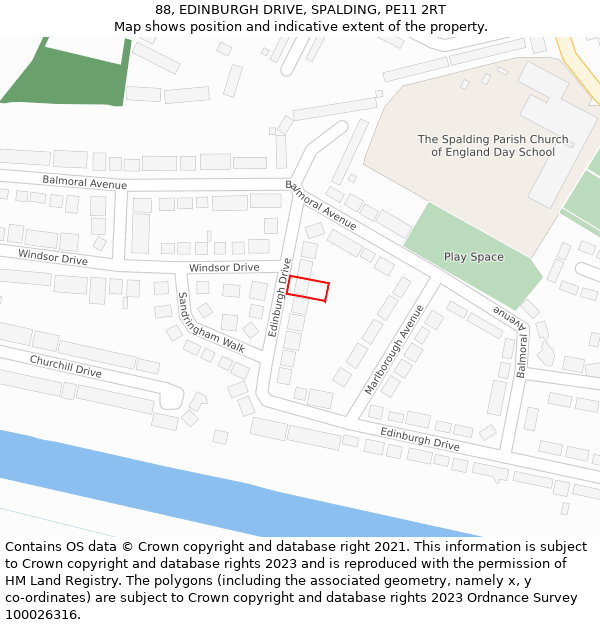 88, EDINBURGH DRIVE, SPALDING, PE11 2RT: Location map and indicative extent of plot