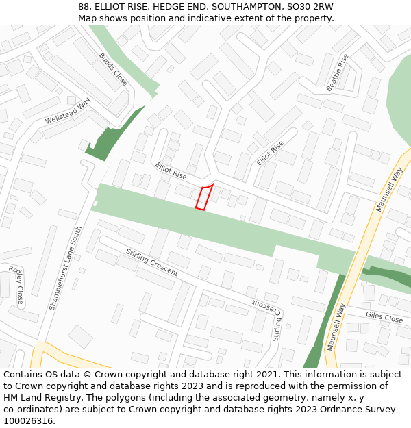 88, ELLIOT RISE, HEDGE END, SOUTHAMPTON, SO30 2RW: Location map and indicative extent of plot