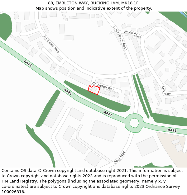 88, EMBLETON WAY, BUCKINGHAM, MK18 1FJ: Location map and indicative extent of plot