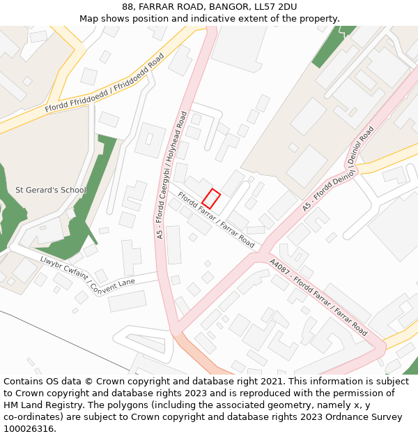 88, FARRAR ROAD, BANGOR, LL57 2DU: Location map and indicative extent of plot