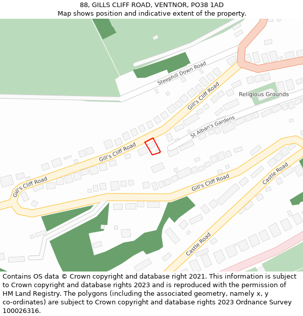 88, GILLS CLIFF ROAD, VENTNOR, PO38 1AD: Location map and indicative extent of plot