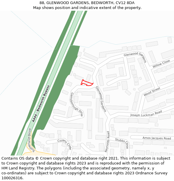 88, GLENWOOD GARDENS, BEDWORTH, CV12 8DA: Location map and indicative extent of plot