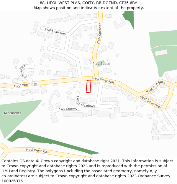 88, HEOL WEST PLAS, COITY, BRIDGEND, CF35 6BA: Location map and indicative extent of plot