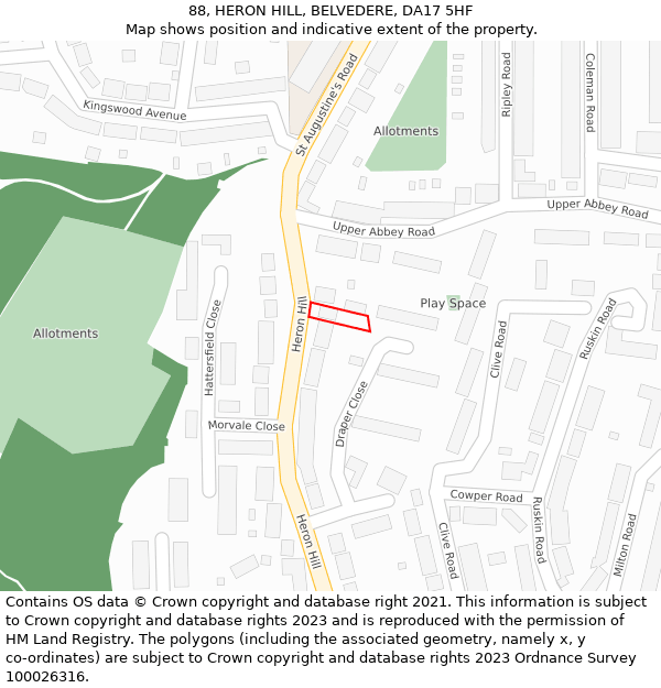 88, HERON HILL, BELVEDERE, DA17 5HF: Location map and indicative extent of plot