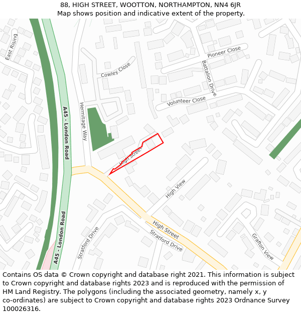 88, HIGH STREET, WOOTTON, NORTHAMPTON, NN4 6JR: Location map and indicative extent of plot