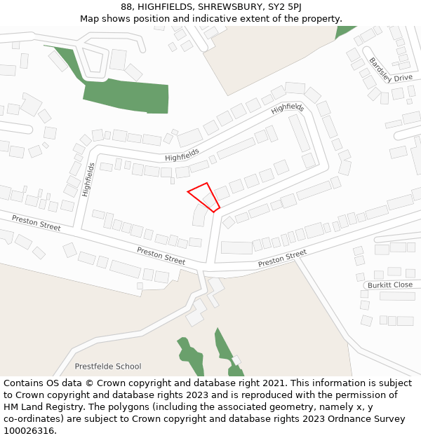 88, HIGHFIELDS, SHREWSBURY, SY2 5PJ: Location map and indicative extent of plot