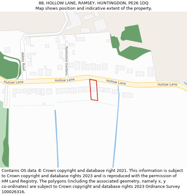 88, HOLLOW LANE, RAMSEY, HUNTINGDON, PE26 1DQ: Location map and indicative extent of plot