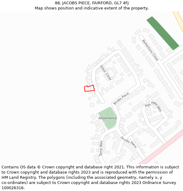 88, JACOBS PIECE, FAIRFORD, GL7 4FJ: Location map and indicative extent of plot