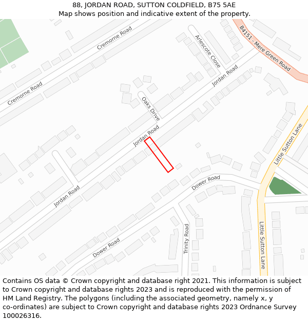 88, JORDAN ROAD, SUTTON COLDFIELD, B75 5AE: Location map and indicative extent of plot